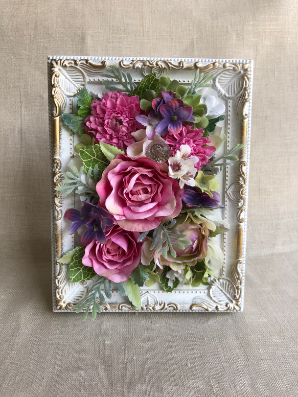 フラワーフレーム ピンク 白 紫 バラ 造花 フラワーアレンジメント  