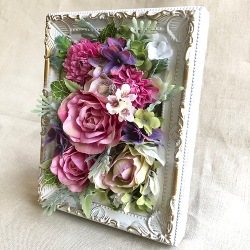 フラワーフレーム ピンク 白 紫 バラ 造花 フラワーアレンジメント