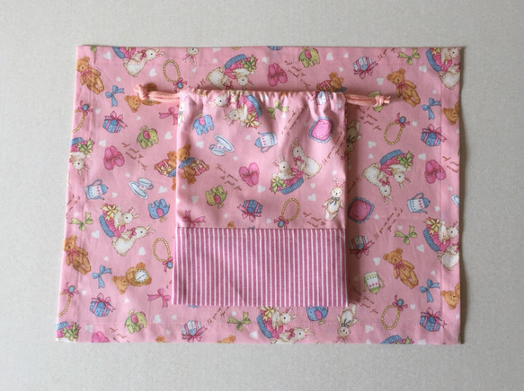 【K13】給食袋＆ランチョンマット（３０×４０）うさぎピンク 2枚目の画像
