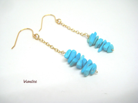 スリーピングビューティーターコイズのピアス 14kgfワイヤーラップ