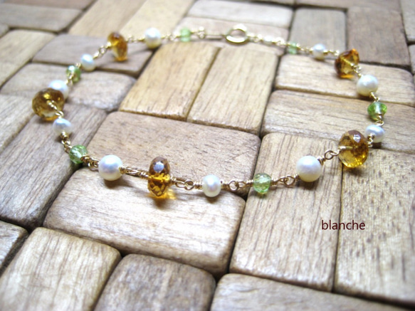 K18 黃水晶/橄欖石/淡水珍珠手鍊 第2張的照片