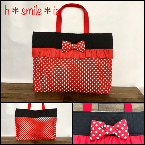 水玉フリル×赤×黒　レッスンバッグ　入園　入学 入園入学＊女の子 レッスンバッグ とシューズバッグセット＊ドット