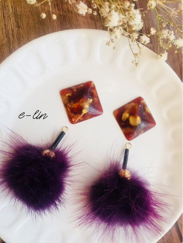 ⚫︎❁square×purple furピアス/イヤリング❁⚫︎ 2枚目の画像