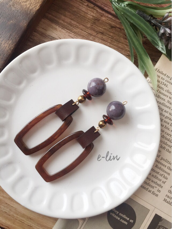 ▫︎▪︎MauvePurple×Brown fakeleatherピアス/イヤリング▪︎▫︎ 2枚目の画像