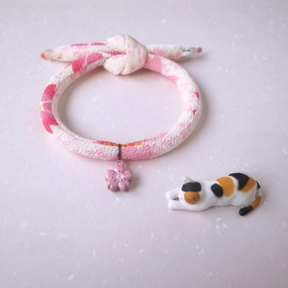 日本犬貓和布頸圈 項圈(單結式)--白櫻+粉櫻花鈴鐺 第1張的照片