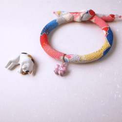 日本犬貓和布頸圈 項圈(單結式)--赤青+粉櫻花鈴鐺 第1張的照片