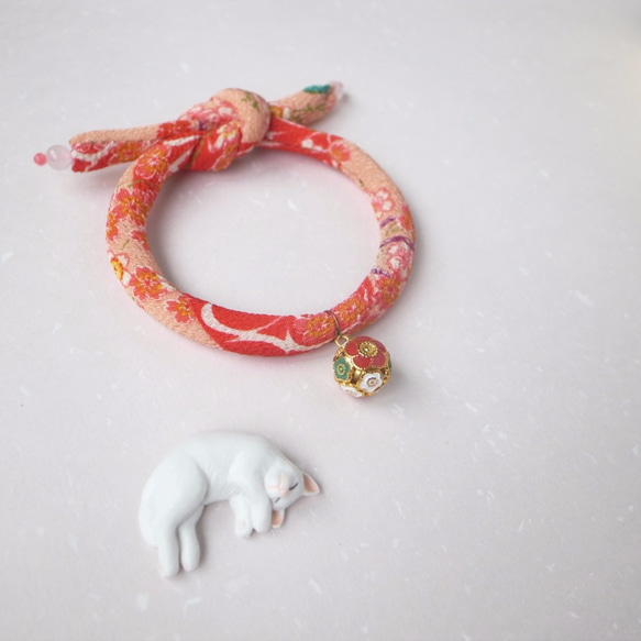 日本犬貓和布頸圈 項圈(單結式)--赤橘+梅圓鈴 第1張的照片