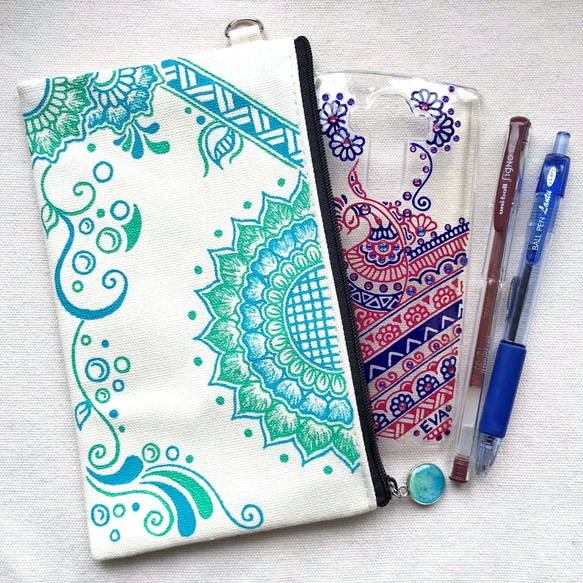 Hand Painted Henna bag Mandala Pattern Zipper Pouch Cosmetic 4枚目の画像