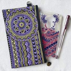 Hand Painted Henna bag Mandala Pattern Zipper Pouch Cosmetic 2枚目の画像