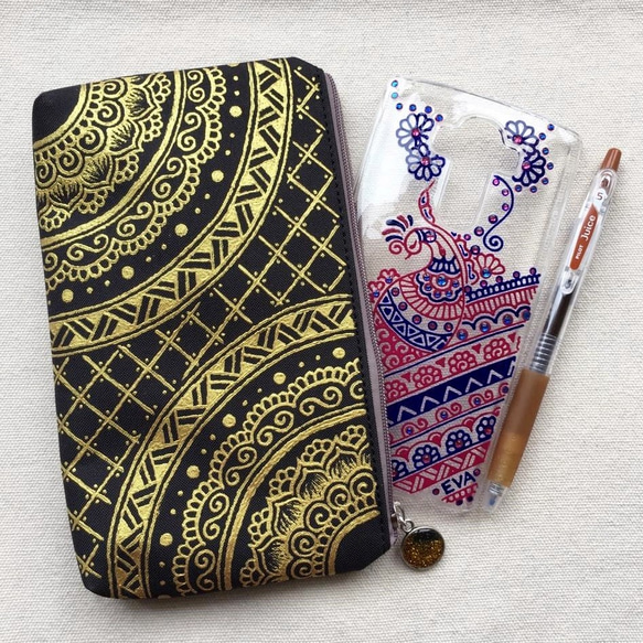 Hand Painted Henna bag Mandala Pattern Zipper Pouch Cosmetic 2枚目の画像