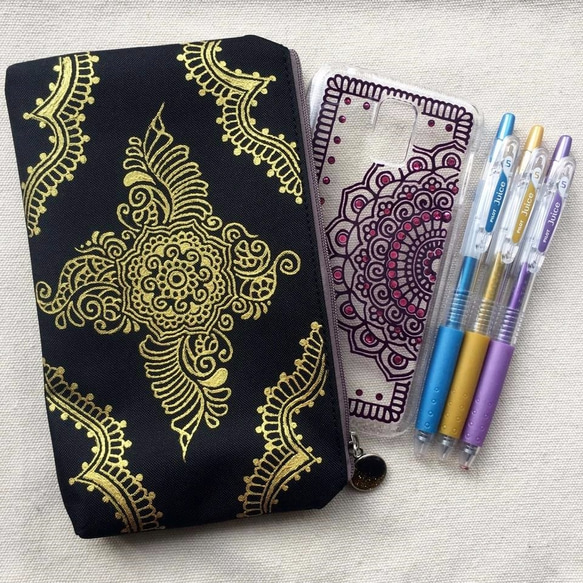 Hand Painted Henna bag Mandala Pattern Zipper Pouch Cosmetic 2枚目の画像