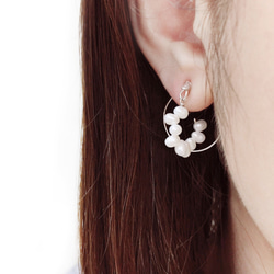 925純銀 彎月水滴珍珠 立體雙圈 耳環或耳夾 (一對) 第2張的照片