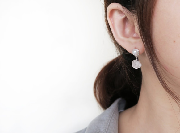 925純銀 珍珠 白水晶 耳環或耳夾 一對 第2張的照片