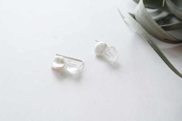 925純銀 淡水珍珠 白水晶原礦 L型 耳針 耳環 或 耳夾 一對 第7張的照片