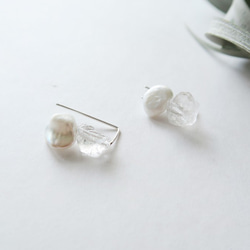 925純銀 淡水珍珠 白水晶原礦 L型 耳針 耳環 或 耳夾 一對 第8張的照片