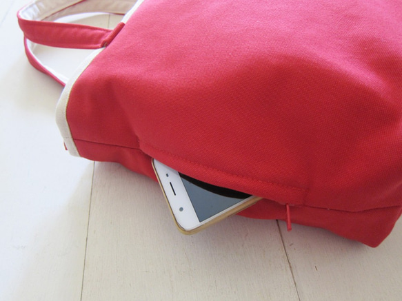 馬卡龍系列-帆布中號托特包(拉鍊開口+外後貼袋+外側拉鍊袋+內水壺袋) 紅+米白 第4張的照片