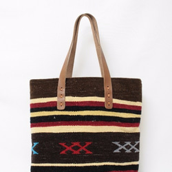 【値引済】￥9400→￥6580【トートバッグ／ヴィンテージキリム】革ハンド　モロッコ　ハンドメイド 2枚目の画像