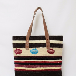 【値引済】￥9400→￥6580【トートバッグ／ヴィンテージキリム】革ハンド　モロッコ　ハンドメイド 3枚目の画像
