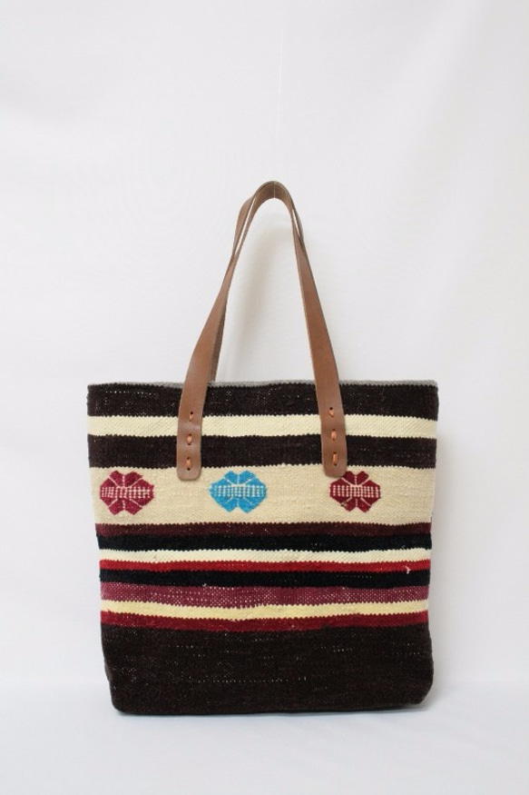 【値引済】￥9400→￥6580【トートバッグ／ヴィンテージキリム】革ハンド　モロッコ　ハンドメイド 3枚目の画像