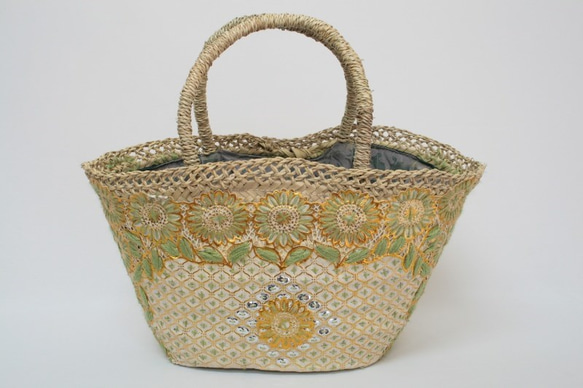 【値引済】￥11700→￥8190【花＊マルシェバッグ】M／グリーン　夏・お出掛け　かごバッグ　モロッコ 6枚目の画像