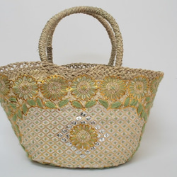 【値引済】￥11700→￥8190【花＊マルシェバッグ】M／グリーン　夏・お出掛け　かごバッグ　モロッコ 7枚目の画像