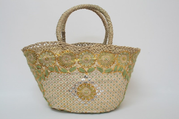 【値引済】￥11700→￥8190【花＊マルシェバッグ】M／グリーン　夏・お出掛け　かごバッグ　モロッコ 7枚目の画像