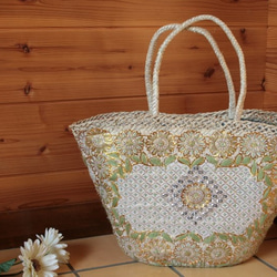 【値引済】￥14200→￥9940【花＊マルシェバッグ】Ｌ／グリーン　夏・お出掛け　かごバッグ　モロッコ 1枚目の画像