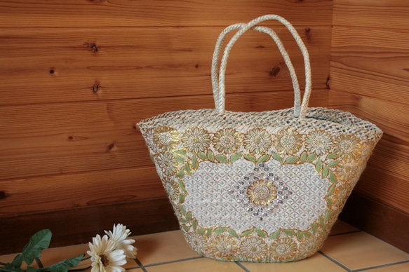 【値引済】￥14200→￥9940【花＊マルシェバッグ】Ｌ／グリーン　夏・お出掛け　かごバッグ　モロッコ 1枚目の画像