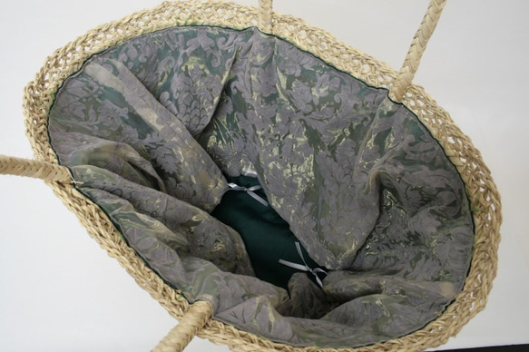 【値引済】￥14200→￥9940【花＊マルシェバッグ】Ｌ／グリーン　夏・お出掛け　かごバッグ　モロッコ 5枚目の画像