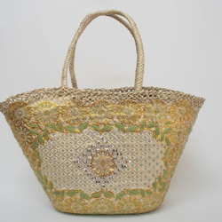 【値引済】￥14200→￥9940【花＊マルシェバッグ】Ｌ／グリーン　夏・お出掛け　かごバッグ　モロッコ 7枚目の画像