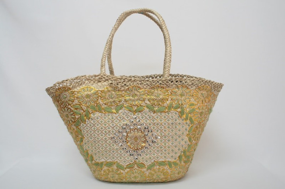 【値引済】￥14200→￥9940【花＊マルシェバッグ】Ｌ／グリーン　夏・お出掛け　かごバッグ　モロッコ 7枚目の画像