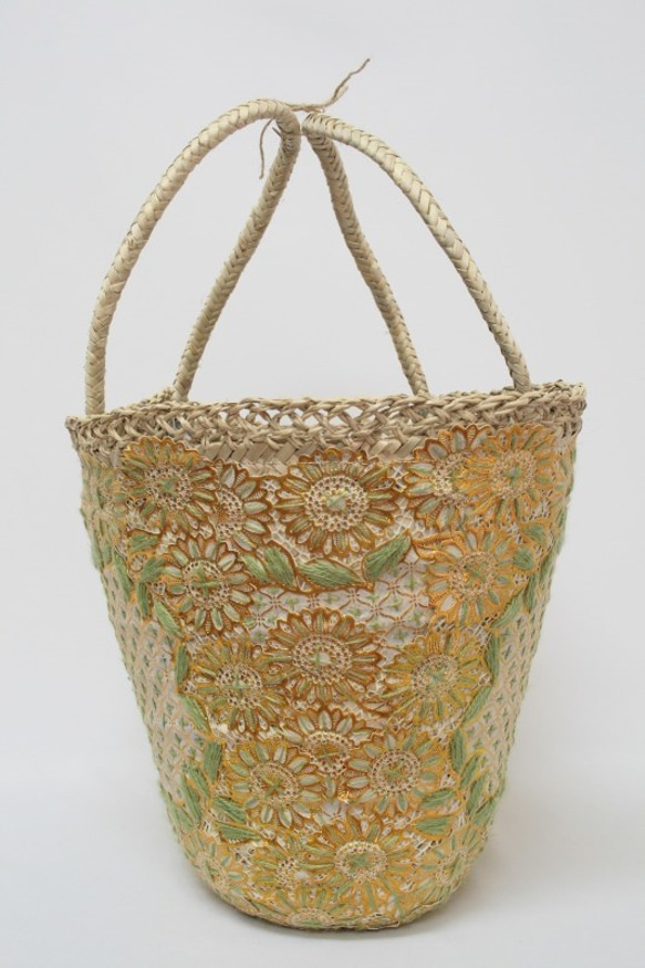 【値引済】￥14200→￥9940【花＊マルシェバッグ】Ｌ／グリーン　夏・お出掛け　かごバッグ　モロッコ 8枚目の画像