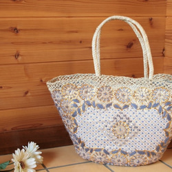 【値引済】￥14200→￥9940【花＊マルシェバッグ】Ｌ／グレー　夏・お出掛け　かごバッグ　モロッコ 1枚目の画像