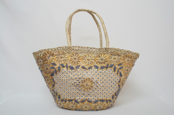 【値引済】￥14200→￥9940【花＊マルシェバッグ】Ｌ／グレー　夏・お出掛け　かごバッグ　モロッコ 6枚目の画像