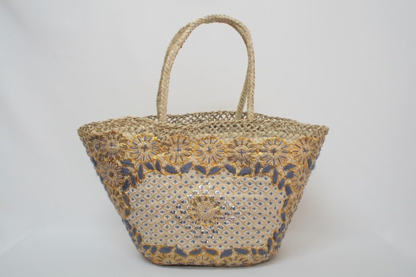 【値引済】￥14200→￥9940【花＊マルシェバッグ】Ｌ／グレー　夏・お出掛け　かごバッグ　モロッコ 7枚目の画像