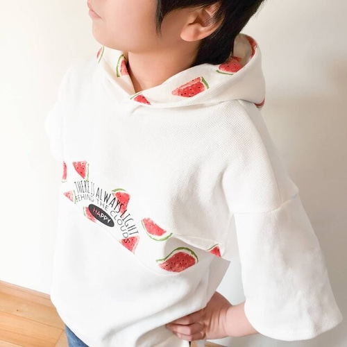 90]スイカ*長め半袖の肩落ちラウンドプルオーバー 子供服 HIKALIT 