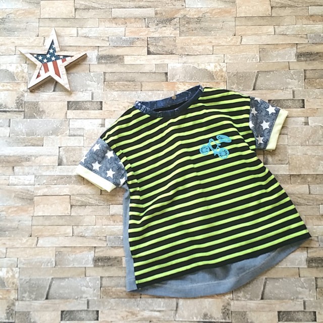 110]イエローネオンボーダー×綿麻ダンガリー*ゆったり後ろ下がりの  