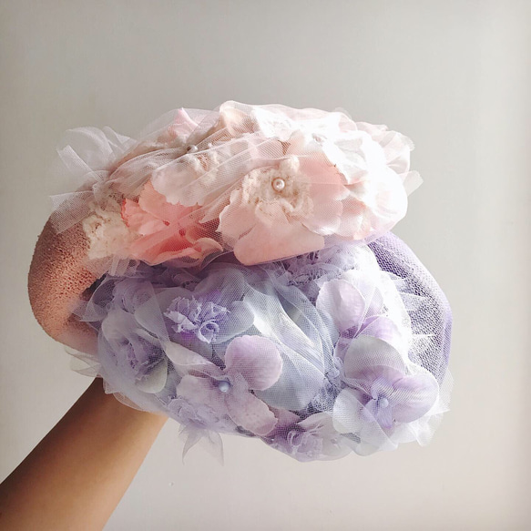 Jt*手作手縫 繡球花 櫻粉 紫藍調 復古感 貝蕾帽 畫家帽 第2張的照片