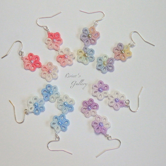 タティングレース☆二連小花のピアスorイヤリング+ライトパープル&ホワイトグラデーション+ 8枚目の画像