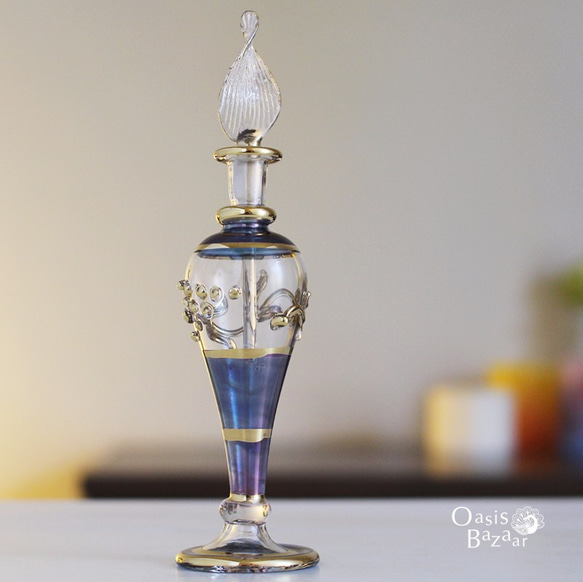 《SALE！》22K GOLD［Sサイズ］エジプトガラス香水瓶 パフュームボトル アロマオイル ブルー 1枚目の画像