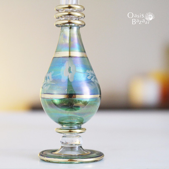 ［Sサイズ］エジプトガラス香水瓶 パフュームボトル アロマオイル グリーン 3枚目の画像