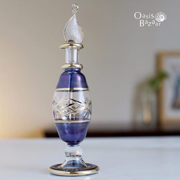 《SALE！》GOLD［Sサイズ］エジプトガラス香水瓶 パフュームボトル アロマオイル ブルー 1枚目の画像