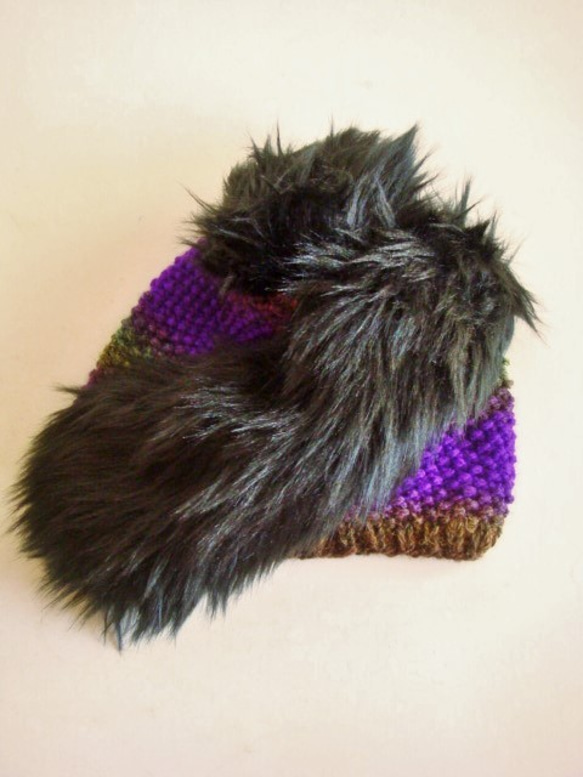 手工針織毛皮針織帽 &lt;紫 x 黑&gt; 第2張的照片