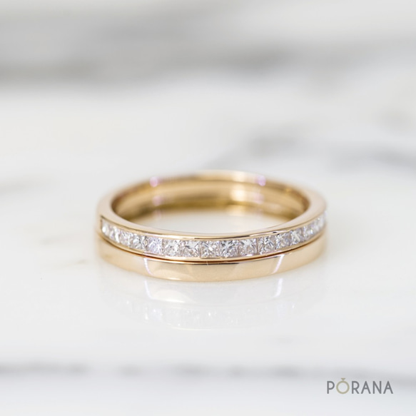 プリンセスカットダイヤモンドの結婚指輪/18Kゴールドリング、スタッキングリング 9枚目の画像