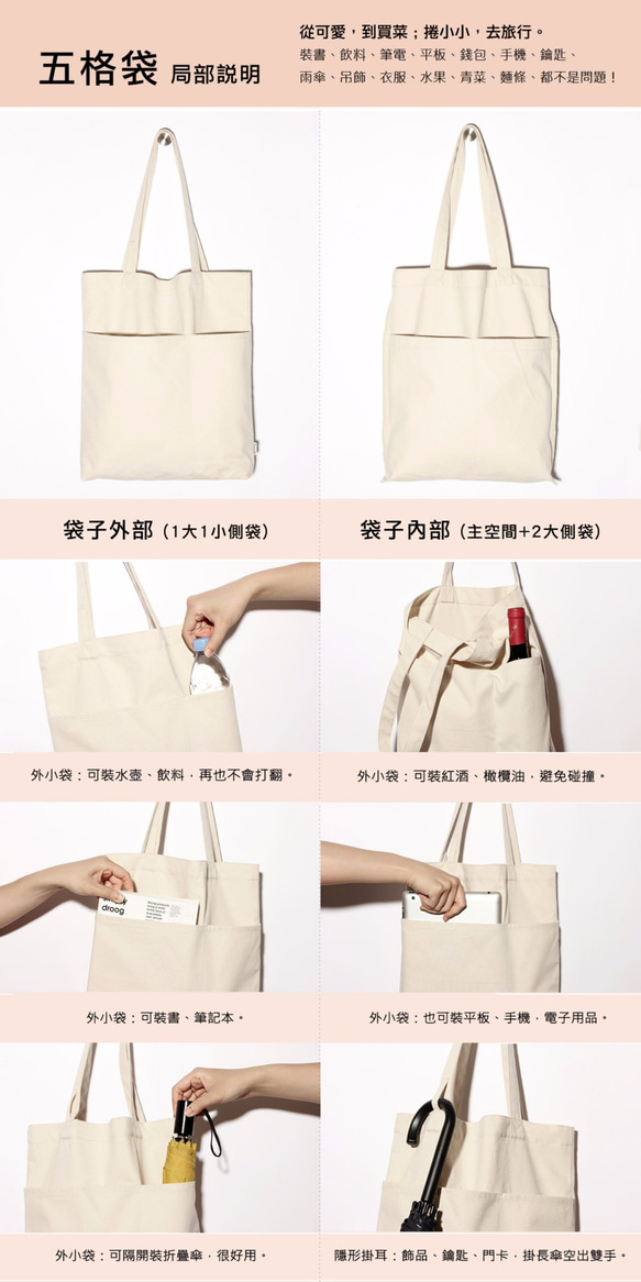 1day1bag POPULAR Canvas Tote with Pockets (Natural White) 7枚目の画像