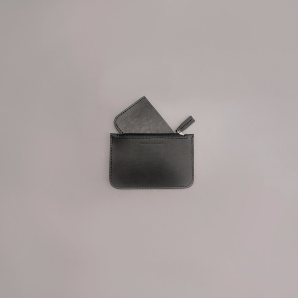 フラットコインパースレザーウォレット財布/ブラック野菜タンニングレザー/ハンドメイドレザー 2枚目の画像