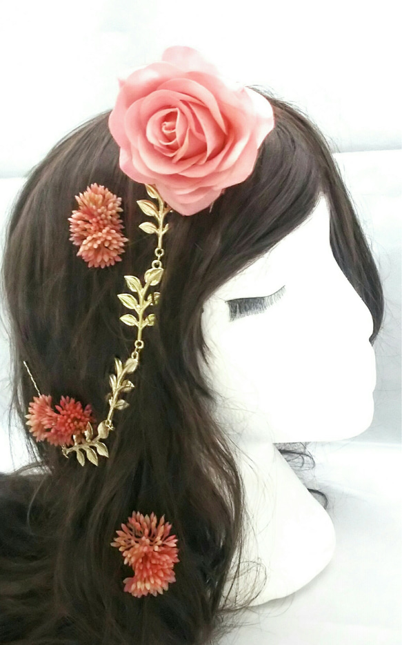 造花バラとチェーンのヘアアクセサリー 2枚目の画像