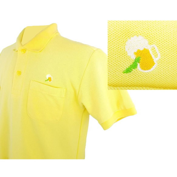 ビールポロシャツ「とりあえずポロ！黄色Ver.」　シンプルなワンポイント刺繍です 1枚目の画像