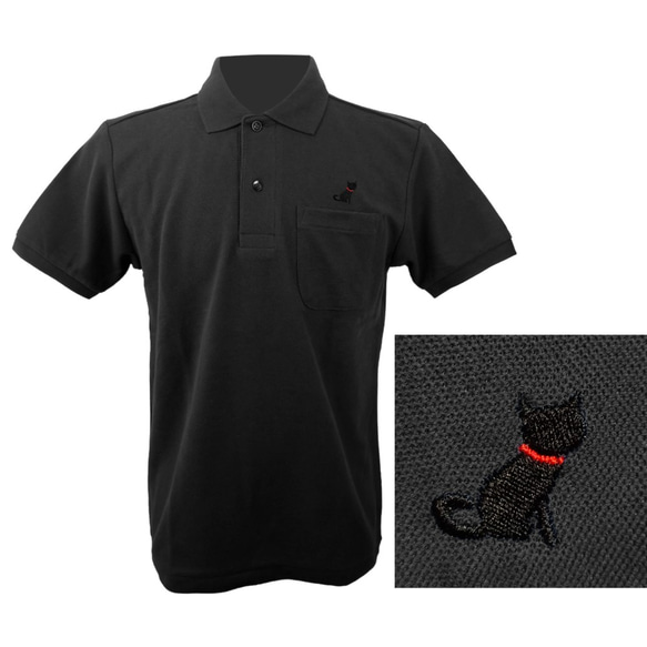 黒猫ポロシャツ「にゃんポロ」（白・黒・紺）ワンポイント刺繡 5枚目の画像