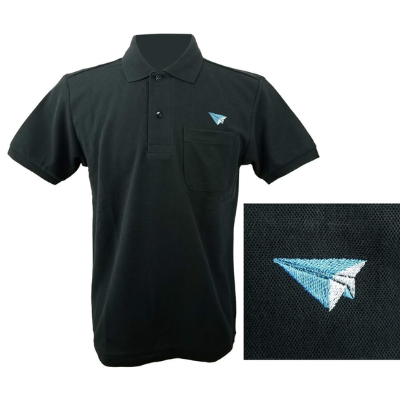 折り紙ポロシャツ「紙飛行機ポロ」（紺・黒・白）　シンプルなワンポイント刺繍です 2枚目の画像